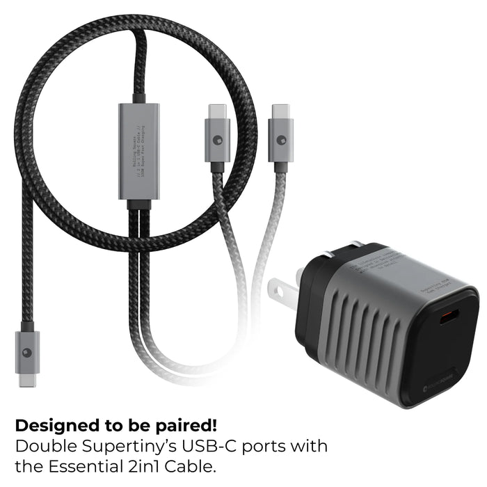 Supertiny - The smallest 65W GaN Charger ever - US - Compact black 65W GaN charger with foldable US plug and braided double USB-C to USB-C cable. - Rolling Square