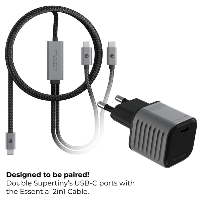 Supertiny - The smallest 65W GaN Charger ever - US - Compact black 65W GaN charger with textured surface and gray USB-C to Lightning cable with braided finish. - Rolling Square