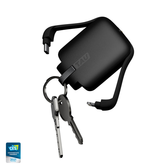 TAU® - Always-charged power bank - Charcoal Black - Compact black TAU power bank with built-in charging cables and keyring attachment. - Rolling Square
