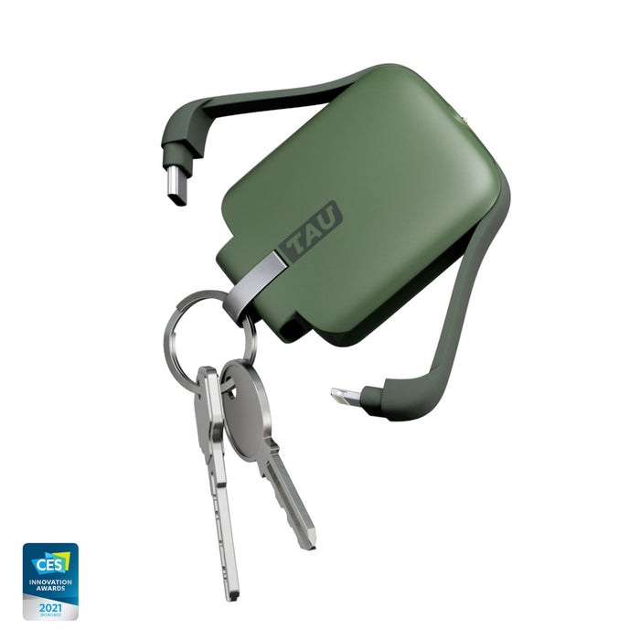 TAU® - Always-charged power bank - Charcoal Black - Compact agave green power bank with built-in cable and attached keyring with keys. - Rolling Square