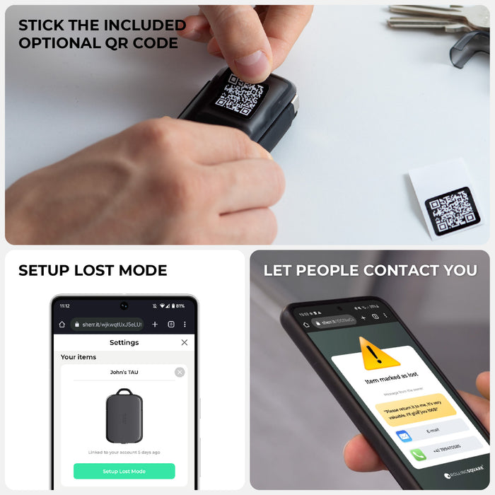 TAU® 2 - Emergency keyring power bank - Mercury Black - Compact black emergency keyring power bank with removable QR code sticker on top. - Rolling Square