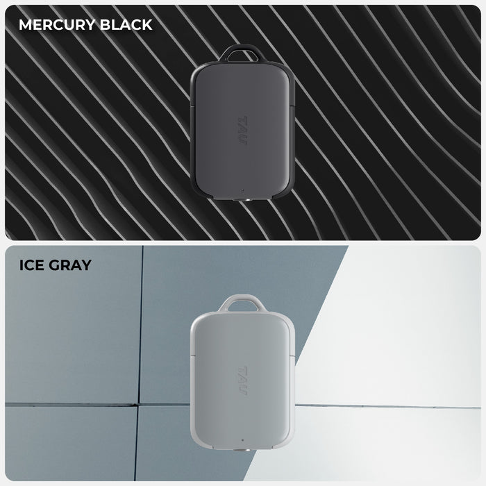 TAU® 2 - Emergency keyring power bank - Mercury Black - Compact rectangular power bank keyring in matte black with rounded edges and subtle logo, displayed on black textured. - Rolling Square