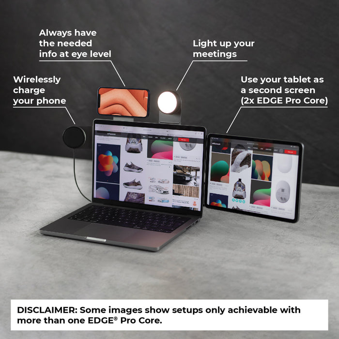 EDGE® Pro Full Kit - MagSafe modular kit - Hyperspace Black - MagSafe modular charging kit with wireless phone charger, LED light, and dual tablet mounts next to laptop. - Rolling Square