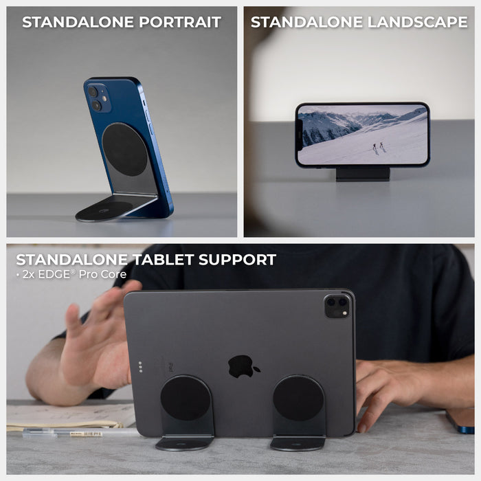 EDGE® Pro Full Kit - MagSafe modular kit - Hyperspace Black - MagSafe modular stand holding a blue smartphone in portrait mode on a black base; Black horizontal stand holding a. - Rolling Square