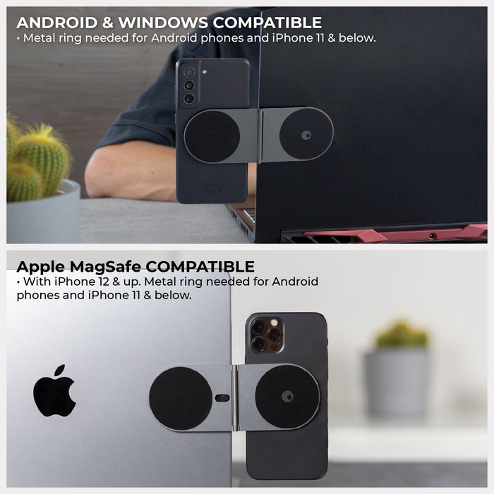 EDGE® Pro Core - MagSafe phone & tablet holder - Hyperspace Black - MagSafe phone and tablet holder attached to black and gray devices, shown in use with laptops. - Rolling Square