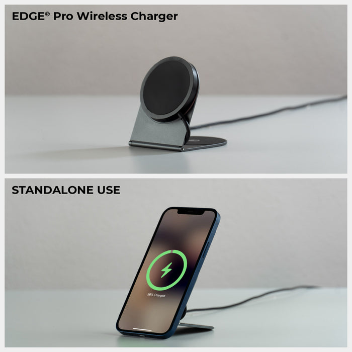 EDGE® Pro Wireless Charger - MagSafe charger, up to 15W - Hyperspace Black - Hyperspace black EDGE® Pro Wireless Charger angled stand with MagSafe charging pad and connected cable; second view shows. - Rolling Square