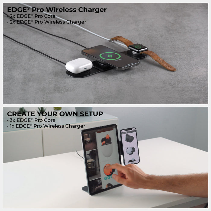 EDGE® Pro Wireless Charger - MagSafe charger, up to 15W - Hyperspace Black - Hyperspace Black EDGE Pro Wireless Charger with MagSafe charging iPhone, Apple Watch, and AirPods on gray surface and sleek. - Rolling Square