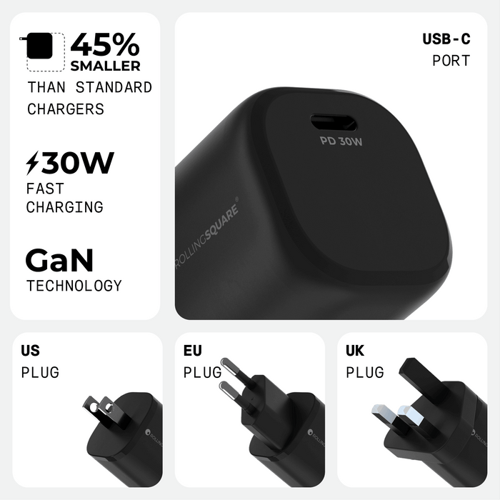 Essential GaN Charger - 30W power, 45% smaller - US - Compact black Essential GaN Charger with USB-C port featuring US, EU, and UK plug variants. - Rolling Square
