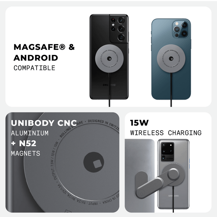 EDGE® Wireless Charger - MagSafe charger, up to 15W - Basalt Grey - Basalt grey EDGE wireless charger attached to smartphones, showing 15W wireless charging capability and unibody CNC aluminum . - Rolling Square