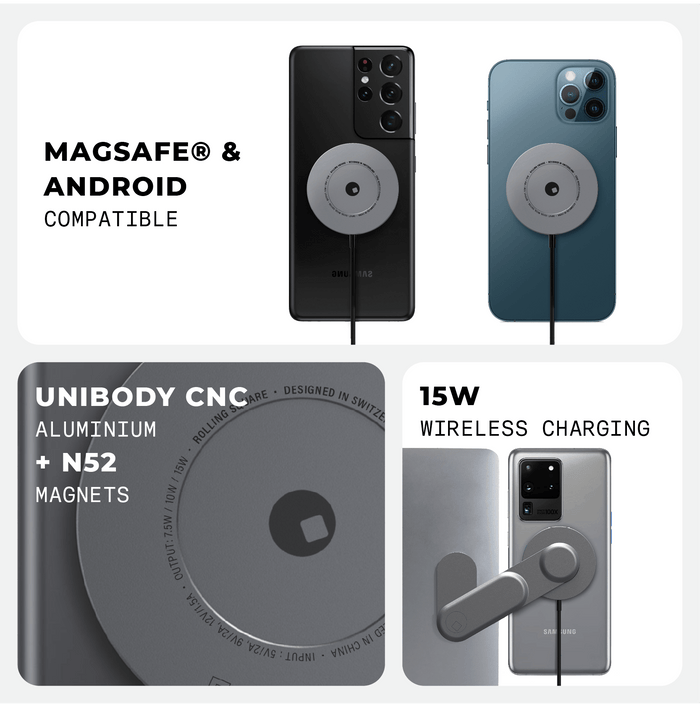 EDGE® Wireless Charger - MagSafe charger, up to 15W - Basalt Grey - Basalt grey EDGE wireless charger attached to smartphones, showing 15W wireless charging capability and unibody CNC aluminum . - Rolling Square