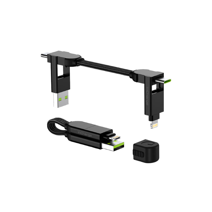 inCharge® X - 100W, 6in1 keyring cable - Lava Black - Compact black 6-in-1 keyring charging cable with USB and multiple connectors, detachable adapter included. - Rolling Square