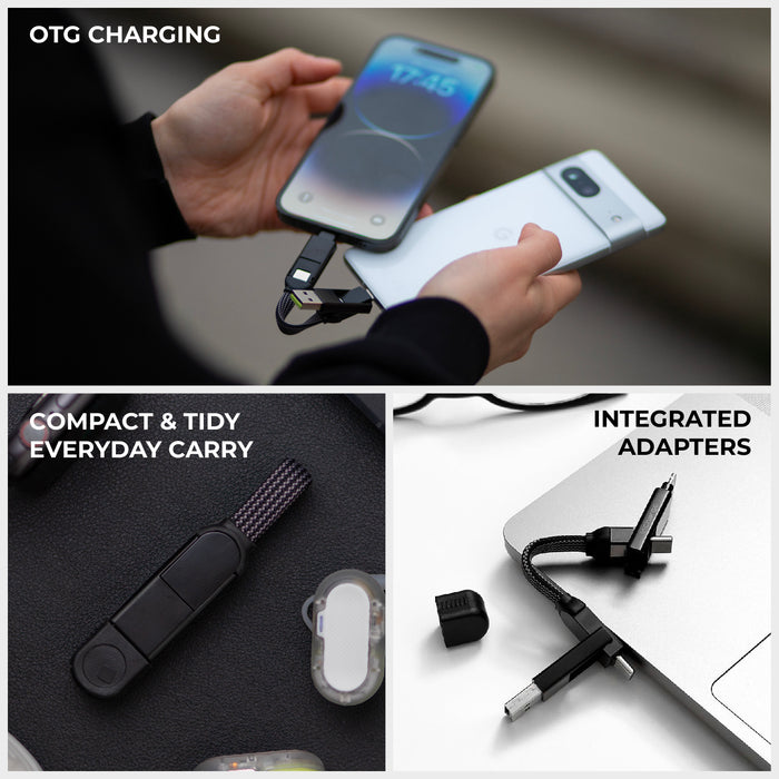 inCharge® X - 100W, 6in1 keyring cable - Lava Black - Compact inCharge X Lava Black keyring cable with integrated adapters for OTG charging and everyday carry. - Rolling Square