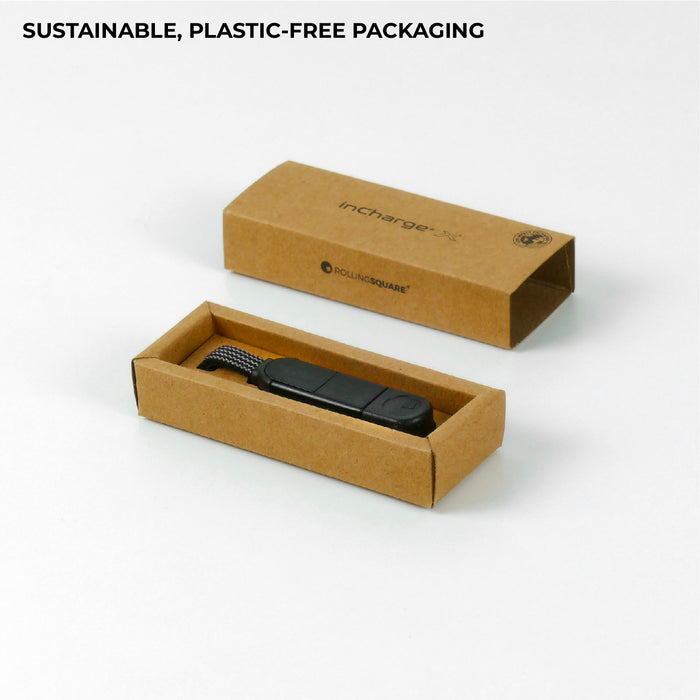 inCharge® X - 100W, 6in1 keyring cable - Lava Black - Black 6-in-1 keyring charging cable in eco-friendly brown cardboard packaging. - Rolling Square
