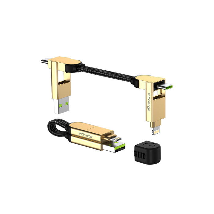 inCharge® X - 100W, 6in1 keyring cable - Lava Black - Compact black multi-connector keyring cable with gold accents and protective cap. - Rolling Square