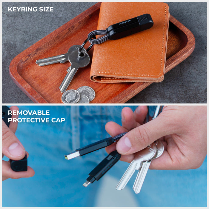inCharge® X - 100W, 6in1 keyring cable - Lava Black - Compact black keyring cable with removable protective cap attached to keys and wallet on tray. - Rolling Square