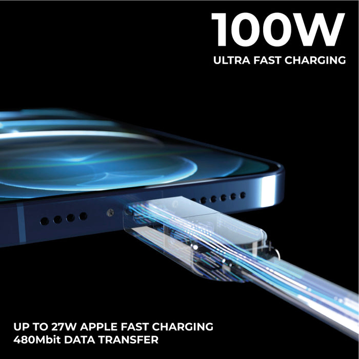 inCharge® XL 3m / 10ft - 100W, 6in1 ultra long cable - Urban Black - Transparent USB-C to Lightning charging cable connected to a smartphone with blue light effects, highlighting fast 100W. - Rolling Square