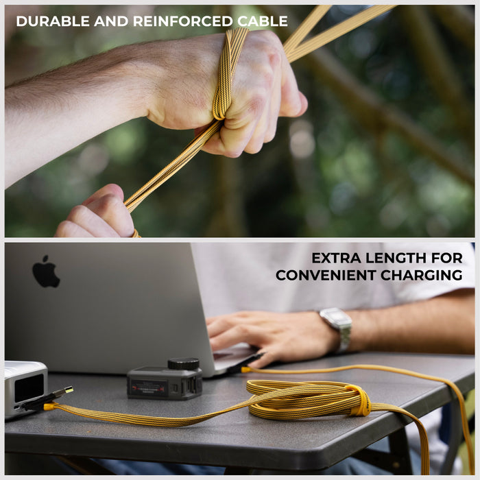 inCharge® XL 3m / 10ft - 100W, 6in1 ultra long cable - Urban Black - Yellow durable reinforced inCharge XL 3m charging cable stretched by hand and coiled on desk near laptop. - Rolling Square