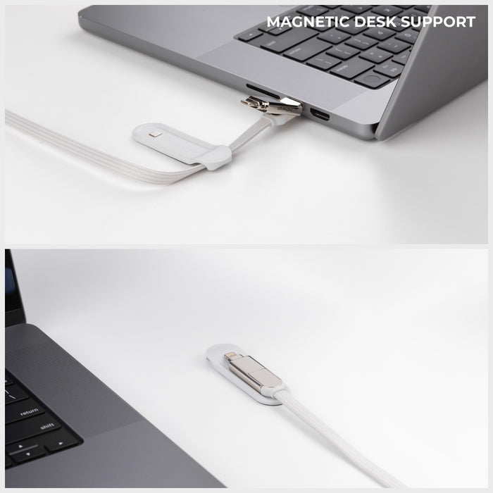 inCharge® XL 3m / 10ft - 100W, 6in1 ultra long cable - Urban Black - White inCharge XL 6-in-1 ultra long charging cable with magnetic desk support connected to laptop ports. - Rolling Square