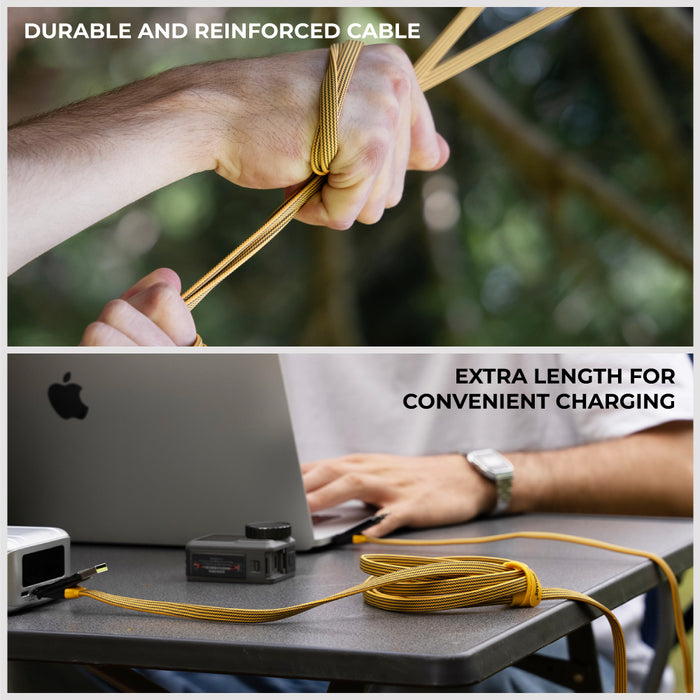 inCharge® XL 3m / 10ft - 100W, 6in1 ultra long cable - Urban Black - Hand pulling durable reinforced mustard yellow charging cable and extended long cable on desk next to laptop. - Rolling Square