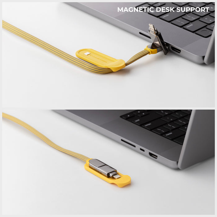 inCharge® XL 3m / 10ft - 100W, 6in1 ultra long cable - Urban Black - Yellow 3m inCharge XL 6-in-1 ultra long charging cable with magnetic desk support connected to laptop. - Rolling Square