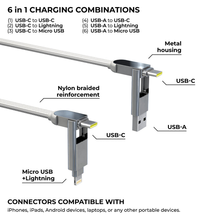 inCharge® XL 3m / 10ft - 100W, 6in1 ultra long cable - Urban Black - Ultra-long 3m white charging cable with USB-C, USB-A, Lightning, and Micro USB connectors labeled with metal housing and. - Rolling Square