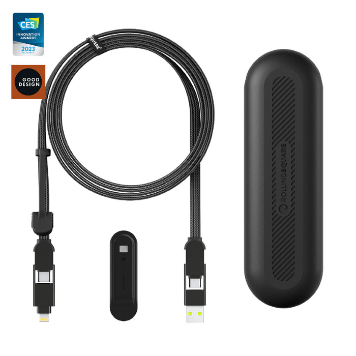 inCharge® XL 2m / 6.6ft - 100W, 6in1 super long cable - Urban Black - Black 2m USB-C to Lightning 6-in-1 charging cable with compact black carrying case and cable strap. - Rolling Square