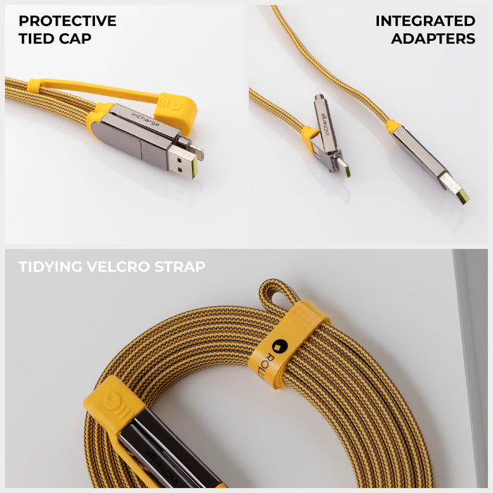 inCharge® XL 2m / 6.6ft - 100W, 6in1 super long cable - Urban Black - Yellow inCharge XL 2m cable with protective tied cap, integrated adapters, and velcro strap for tidying. - Rolling Square