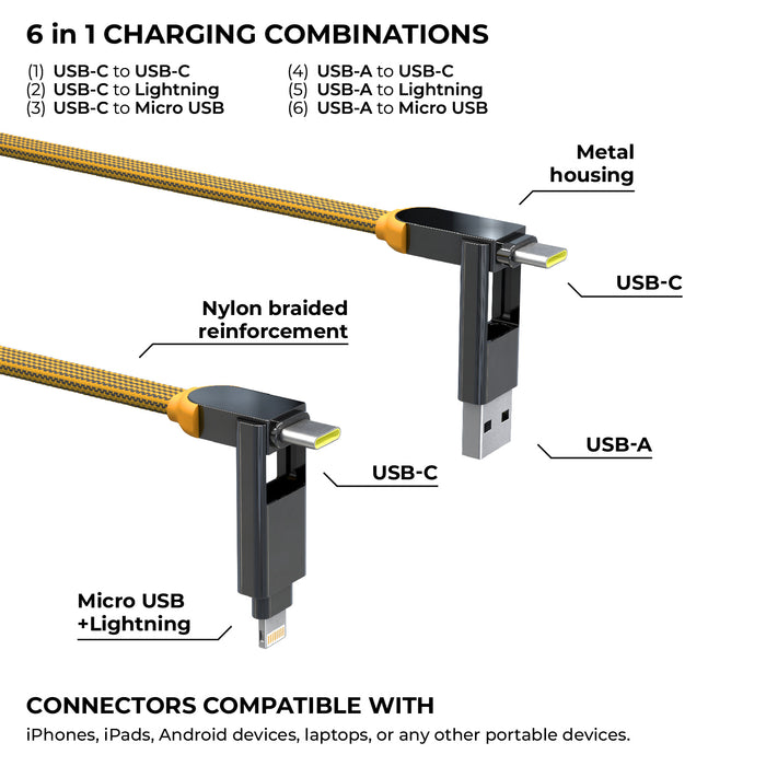 inCharge® XL 2m / 6.6ft - 100W, 6in1 super long cable - Urban Black - Yellow braided 6in1 charging cable with USB-C and USB-A connectors and metal housing adapter. - Rolling Square