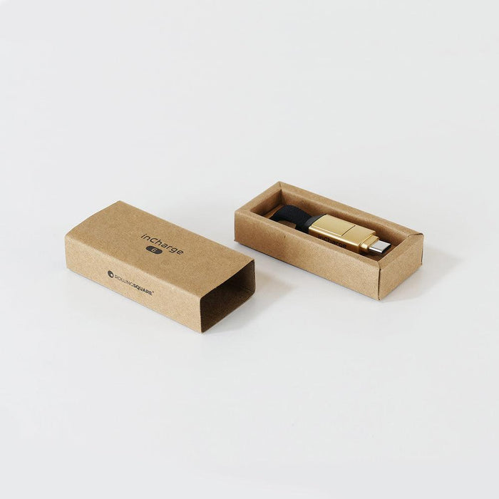 inCharge® 6 - 15W, 6in1 keyring cable - Mercury Gray - Compact gold multi-connector charging cable with keyring in eco-friendly cardboard packaging. - Rolling Square