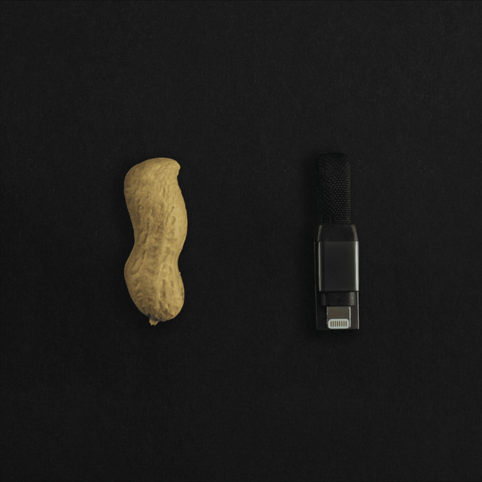 inCharge® Mini - The Smallest cable ever - USB to Lightning - Compact black charging cable with Lightning connector next to a peanut for size comparison. - Rolling Square