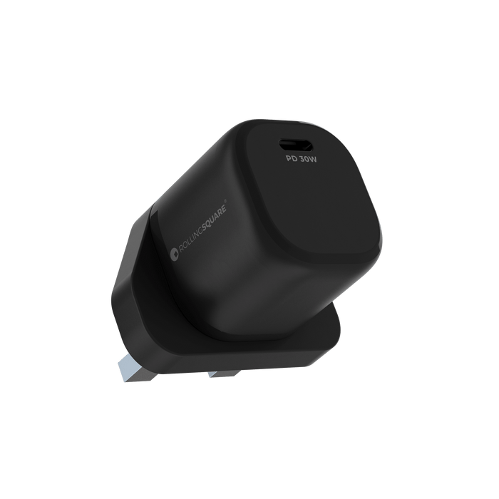 Essential GaN Charger - 30W power, 45% smaller - US - Compact black GaN charger with USB-C port and foldable US plug, 30W power output. - Rolling Square