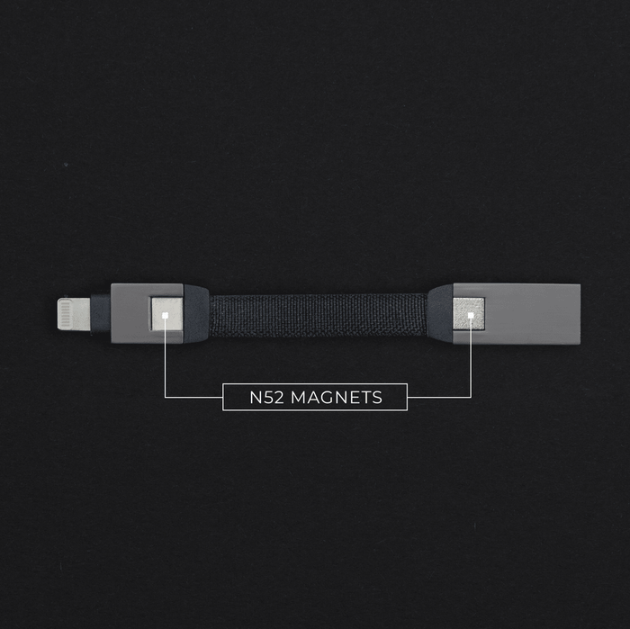 inCharge® Mini - The Smallest cable ever - USB to Lightning - Compact black magnetic charging cable with two gray connector ends and fabric-wrapped wire. - Rolling Square