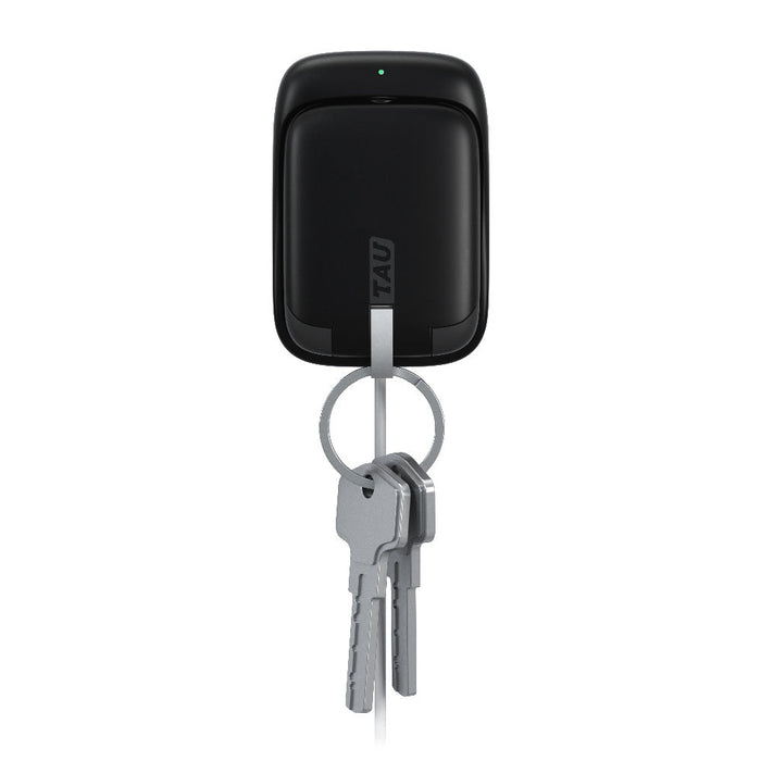 TAU® - Always-charged power bank - Charcoal Black - Compact black power bank with smooth matte finish and attached keyring holding three silver keys. - Rolling Square
