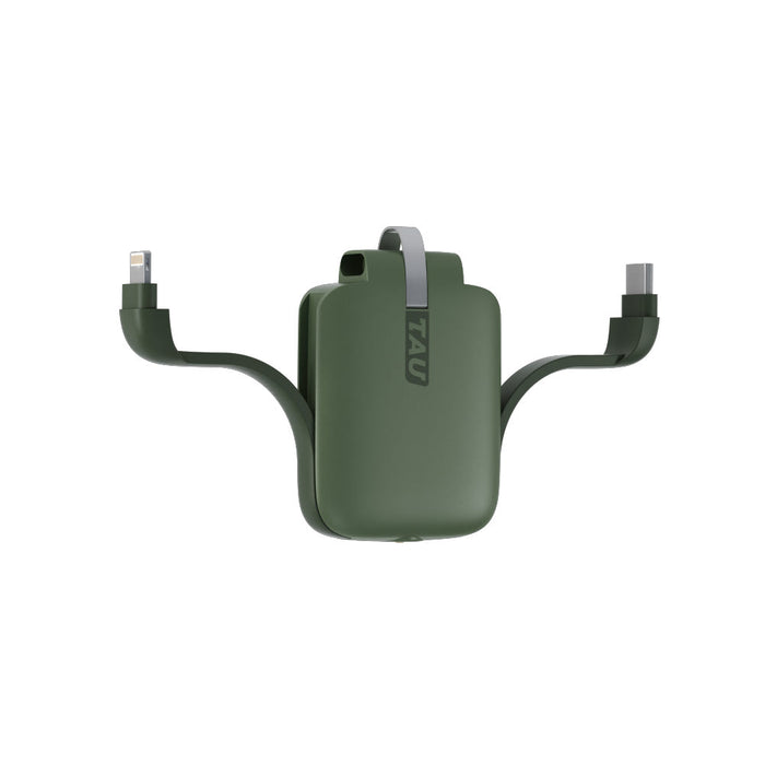 TAU® - Always-charged power bank - Charcoal Black - Compact agave green power bank with integrated charging cables and matte finish. - Rolling Square