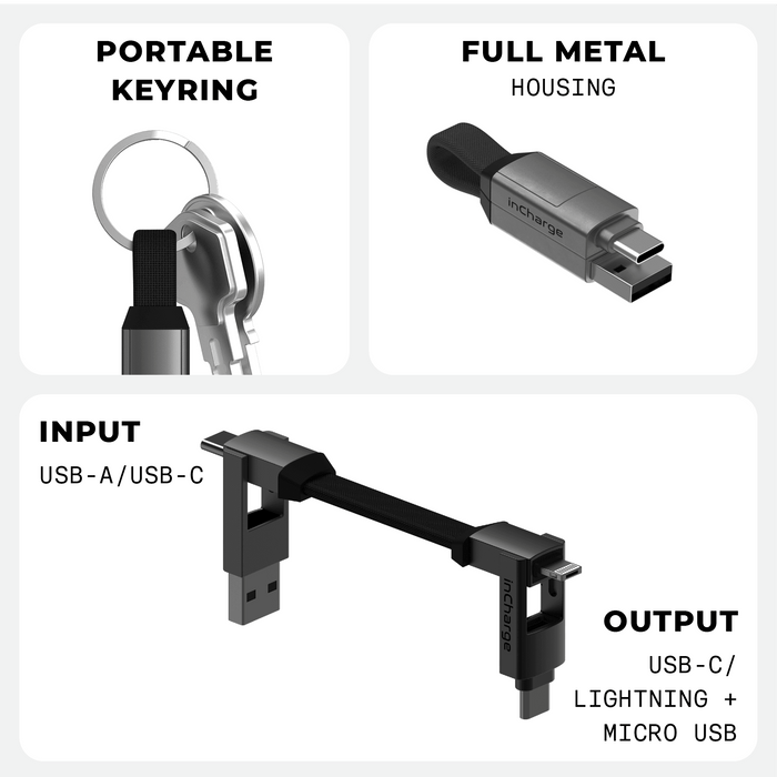 inCharge® 6 - 15W, 6in1 keyring cable - Mercury Gray - Compact 6-in-1 keyring cable with USB-A, USB-C, Lightning, and Micro USB connectors in metal housing. - Rolling Square