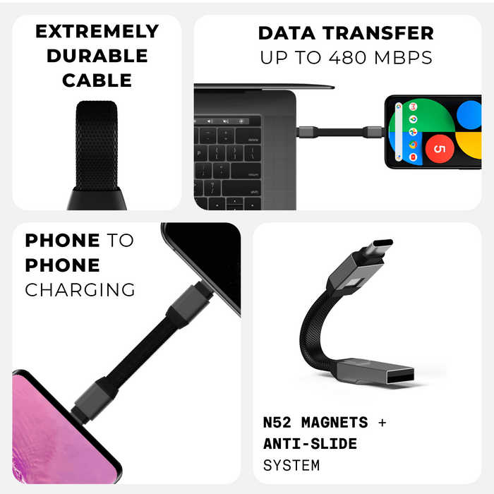 inCharge® Mini - The Smallest cable ever - USB to Lightning - Compact black inCharge Mini charging cable with magnetic connector and flexible design shown charging smartphones and. - Rolling Square